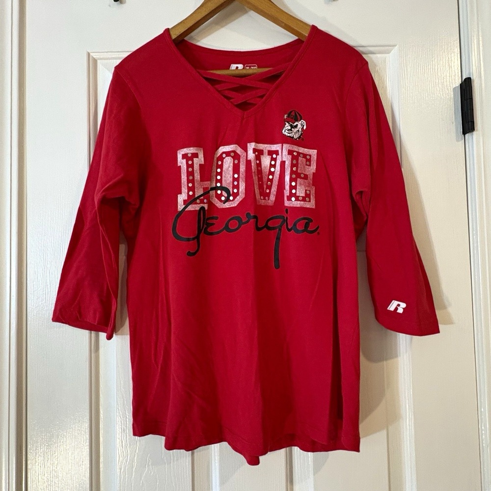 Russell UGA Georgia Bulldogs Red 3/4 Sleeve "Love Georgia" Shirt Size XL